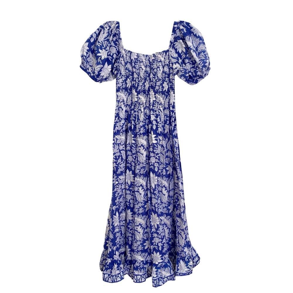 Mary Marshmallow Poppy Long Blue Block Print Smocked Puff Sleeve Midi Dress - Picture 2 of 6